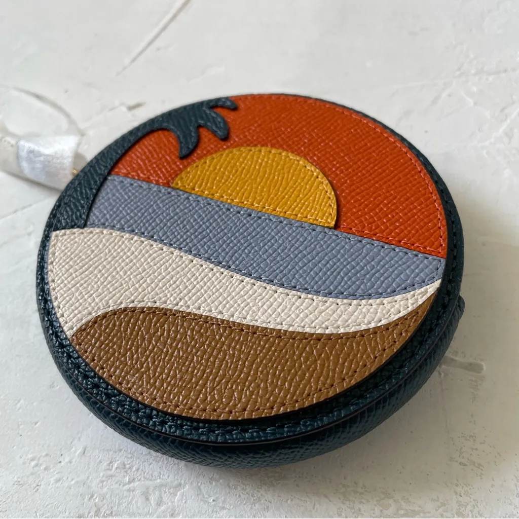 Coach Circle Coin Case Beach Postcard Zip Leather Wallet Gold Dark Orange - Image 7