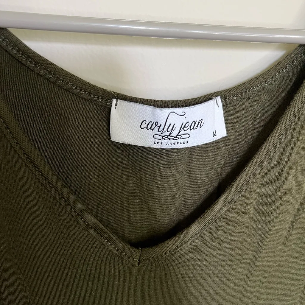 Carly Jean Olive Green V-Neck Midi Dress - Image 3