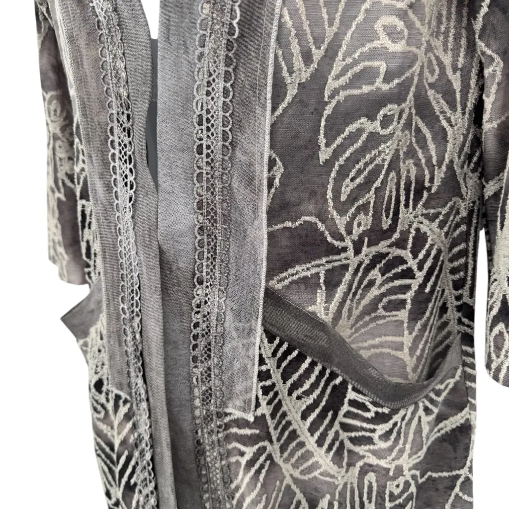 Kamana Women's Tropical Gray Cardigan Embroidered White Pockets Fits Like Medium - Image 2