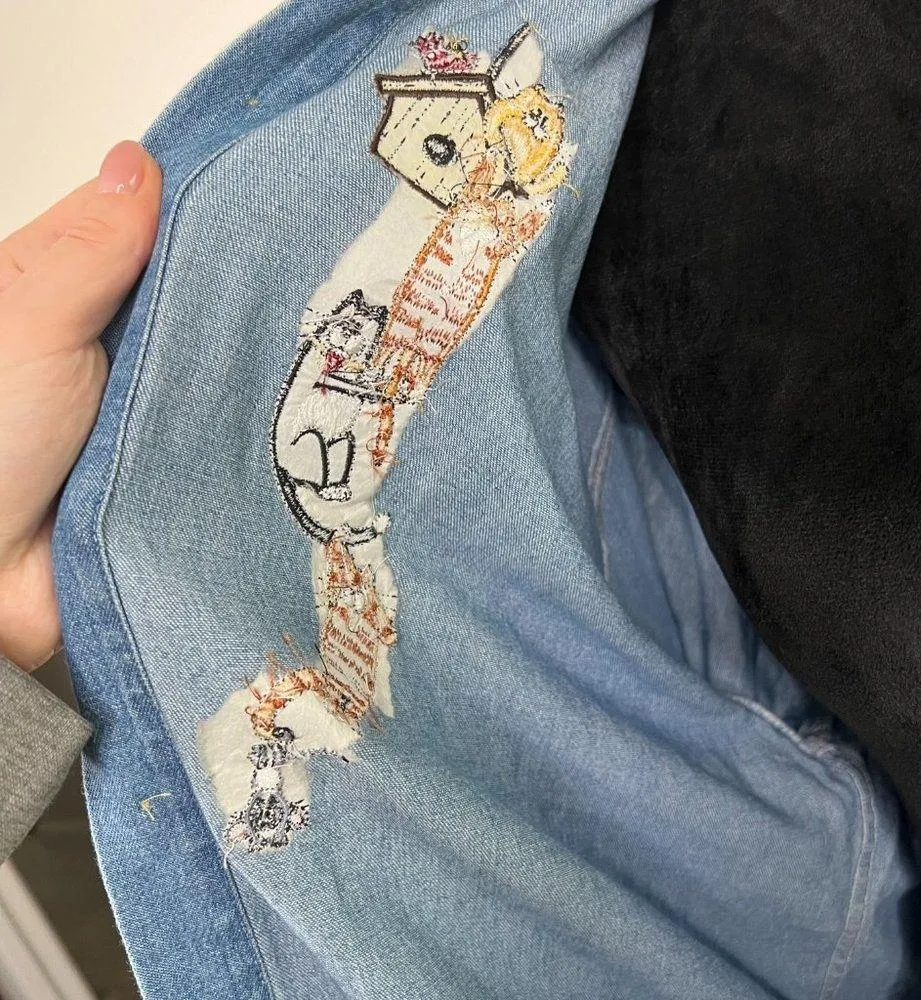 Vintage Embroidered Cat Chambray Denim Oversized Button Down Shirt Shacket Size M - Image 9