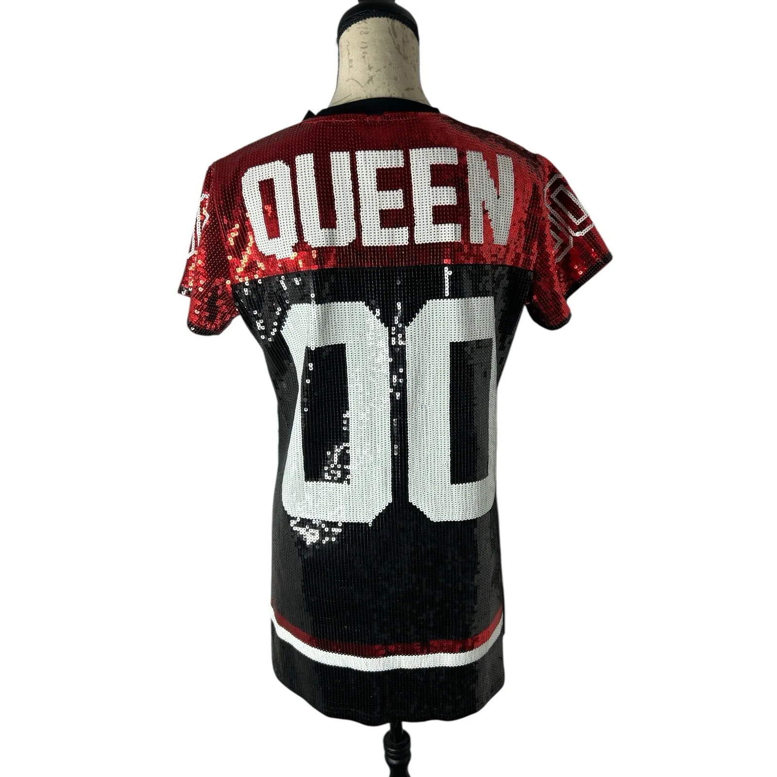 QUEEN OF SPARKLES Black & Red Sequin Game Day Jersey Mini Dress S - Image 2