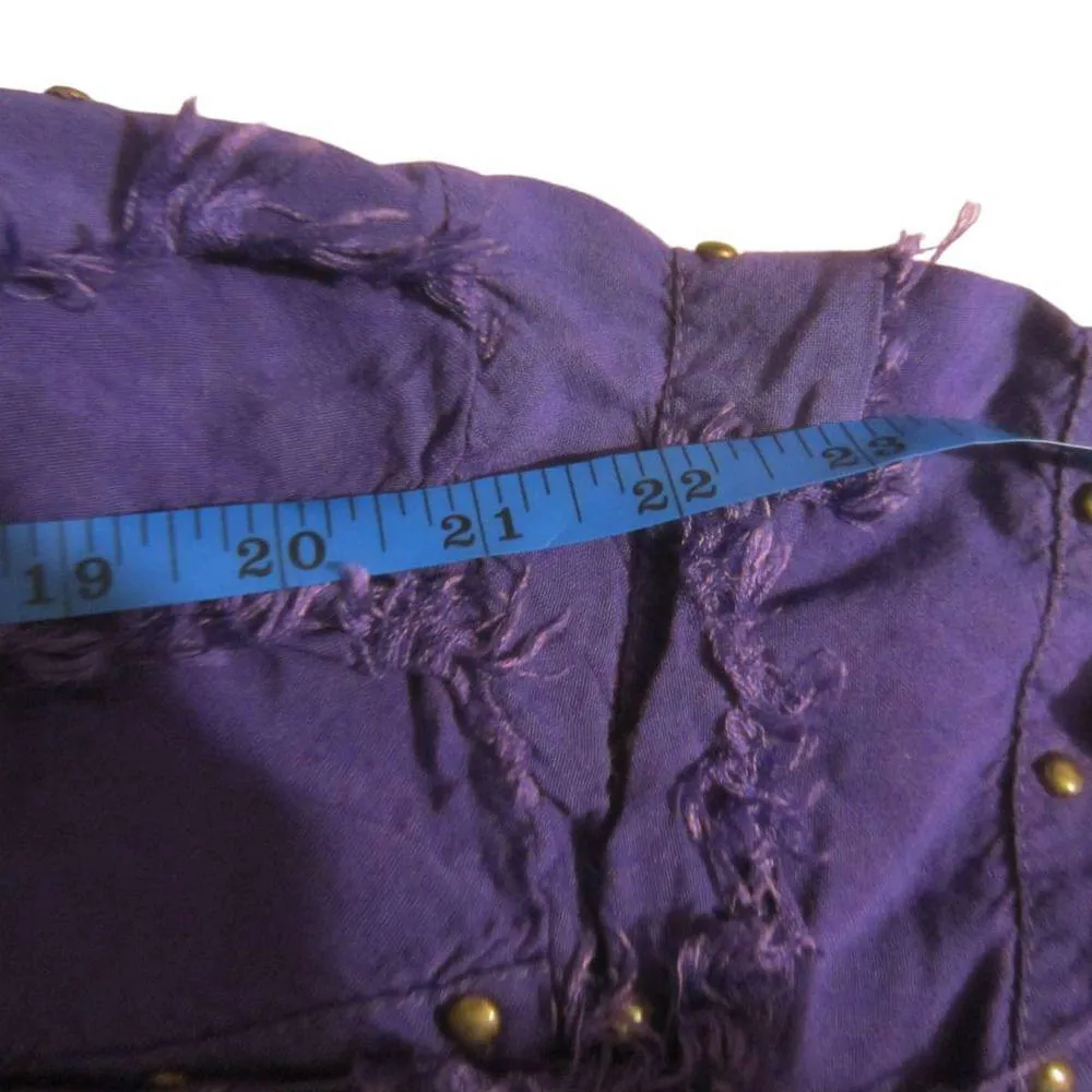 Boho Textured Fringe Button Shirt Studded Purple Rayon Top M - Image 9