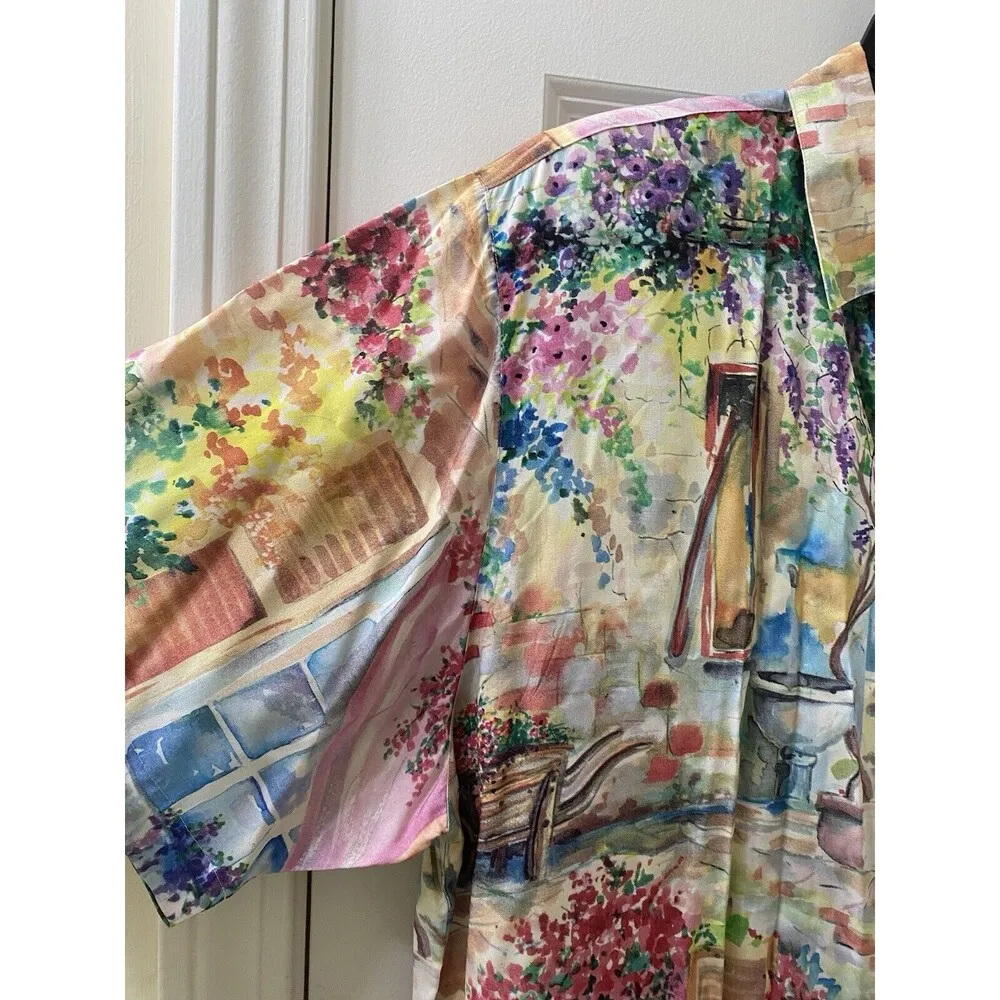 80s Express Women’s Button Down Shirt L Rayon Colorful Watercolor Garden Print - Image 2