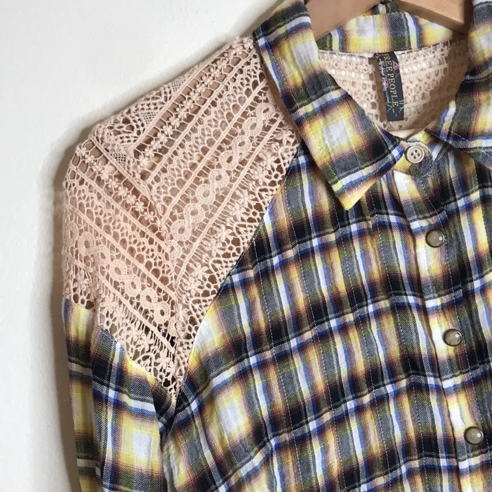 Free people ladies flannel plaid long sleeve button up shirt with crochet - Image 3
