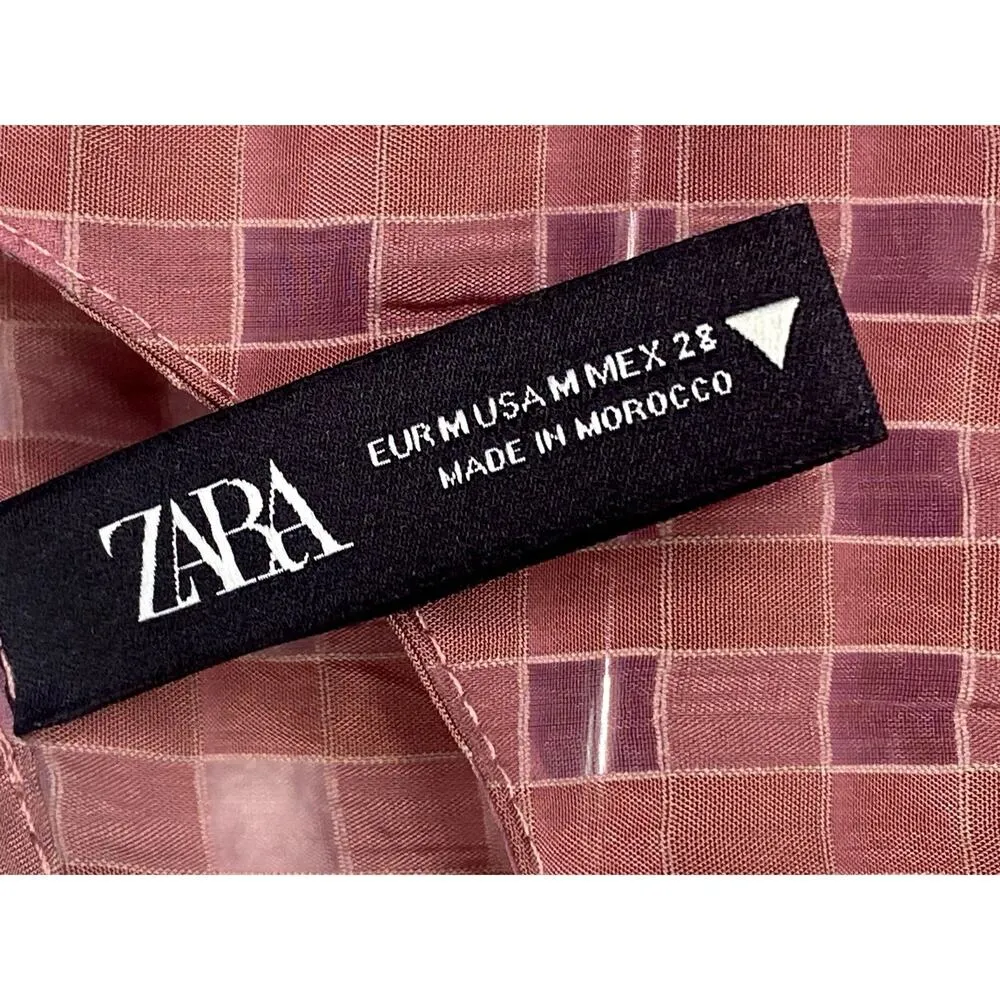 Zara Gingham Sleeveless Sheer Blouse Button Keyhole Back M Rose Pink #2980 - Image 7