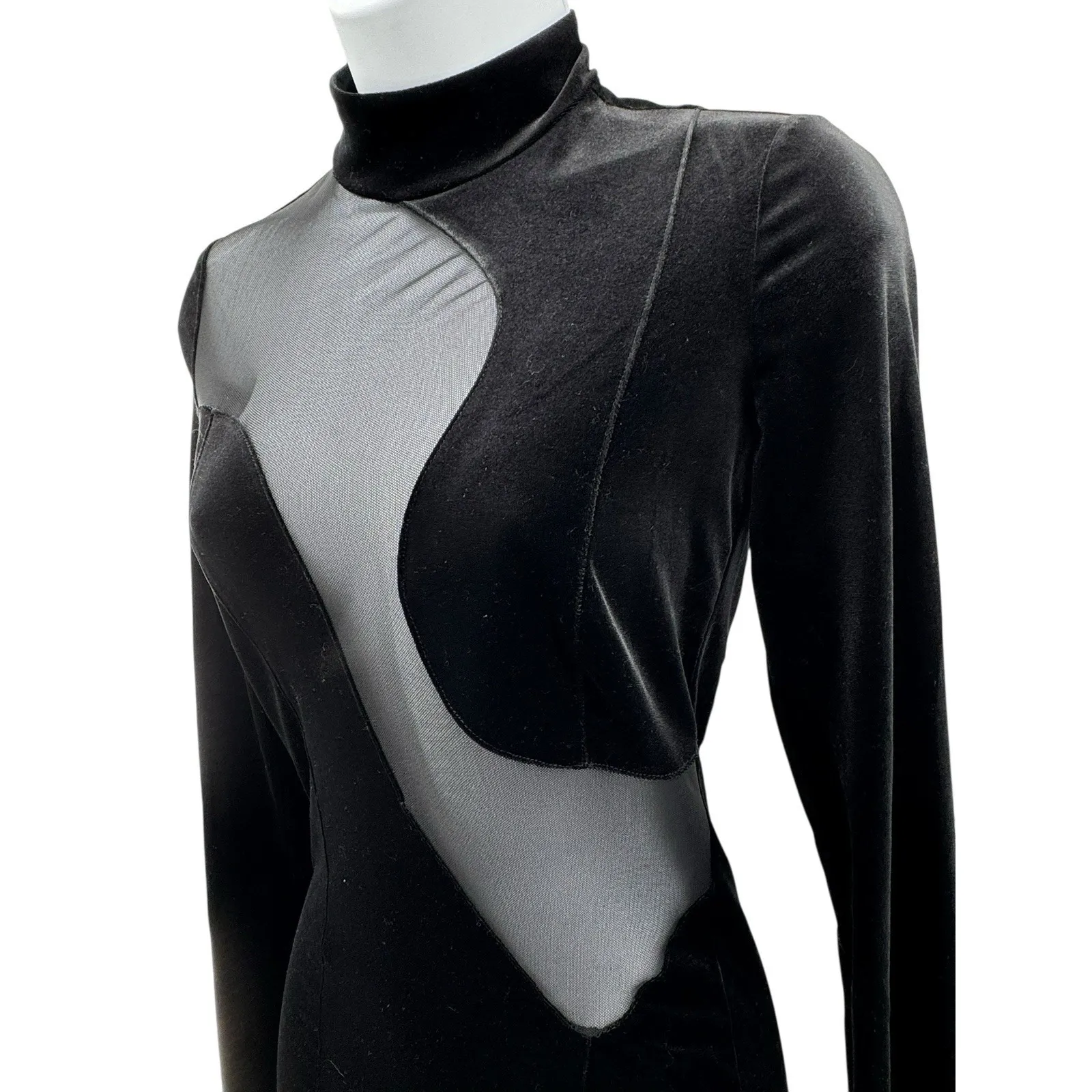 Bershka‎ Black Mesh Cutout Velvet Bodycon Mini Dress Long Sleeve Size S - Image 3