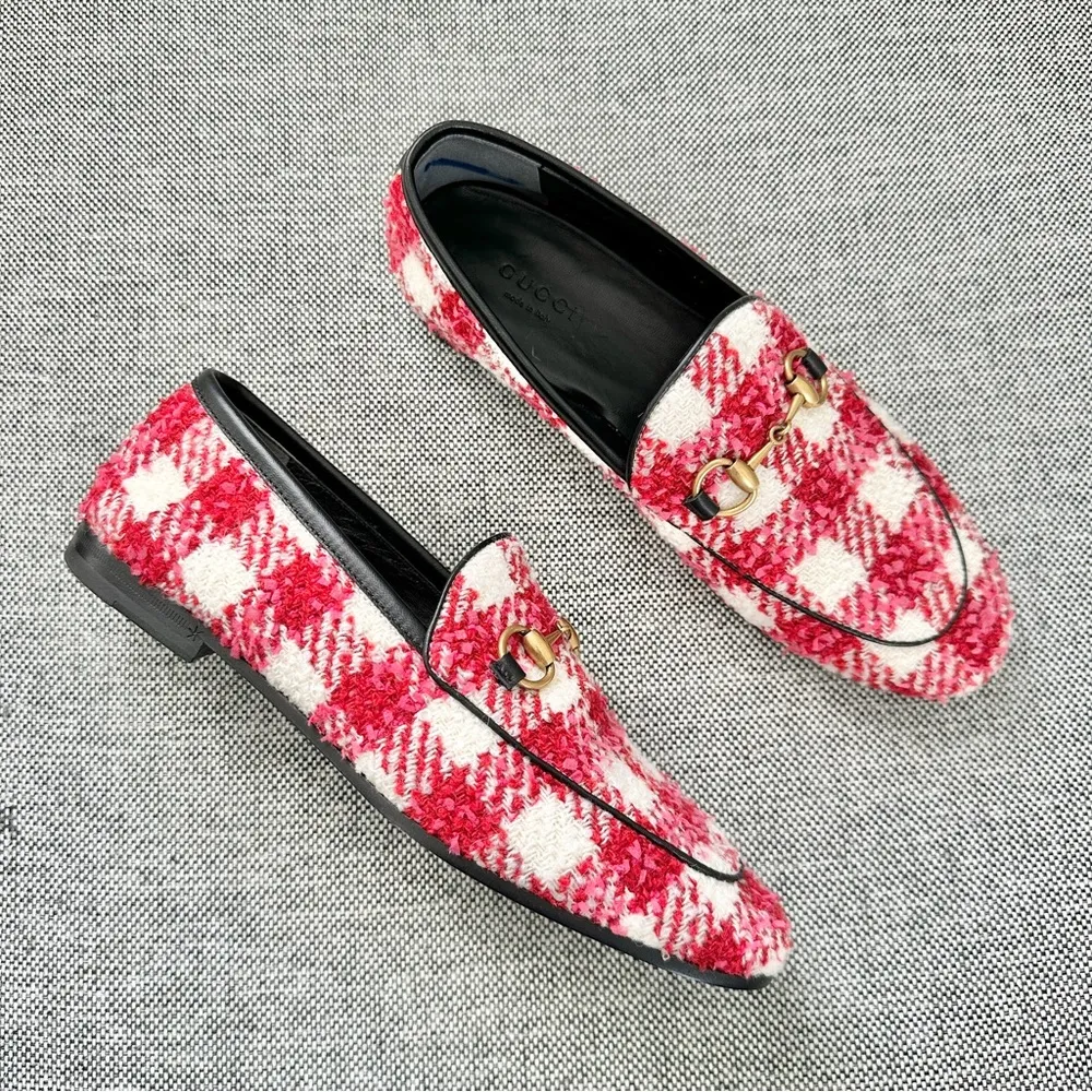 NEW Gucci Princetown Tweed Horsebit Loafers EU 36 US 6 Red and Pink Check - Image 3