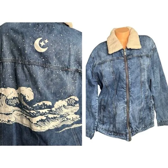 The Tubbo Moment By The Sea Denim Full Zip Jean Jacket Sherpa Collar Waves 2XL Blue Size 2X - Image 2