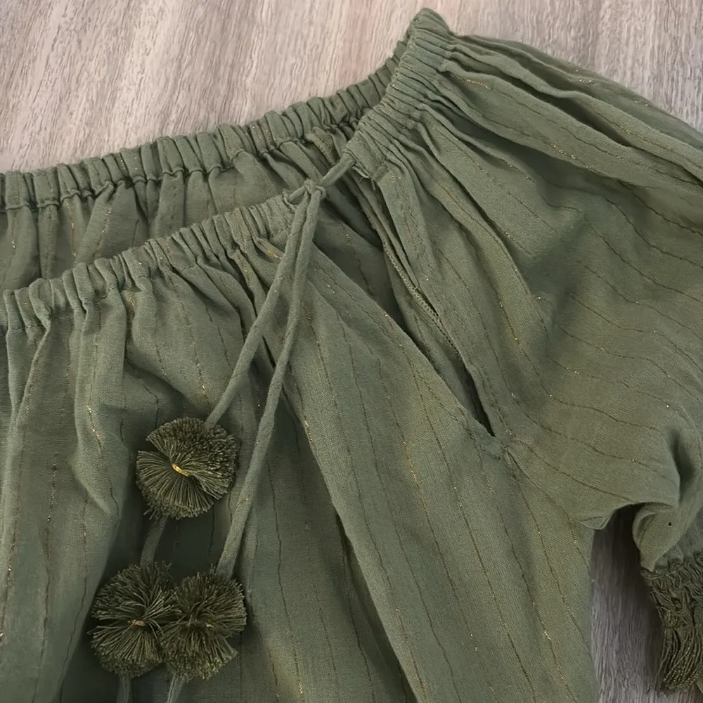 Poupette St Barth Long Sleeve Off Shoulder Tassle Tie Blouse Green Gold Shimmer Size M - Image 5