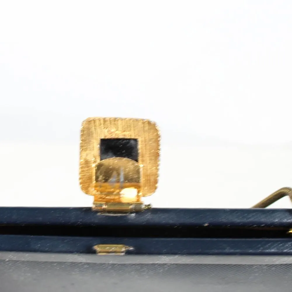 Vintage 1950s Navy Faux Leather Handbag with Art Deco Latch & Metal Chain Blue - Image 14