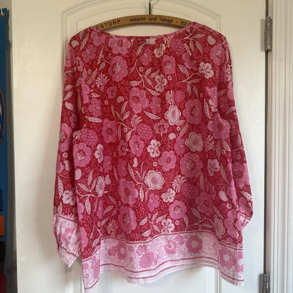 Talbots Floral Paradise Puff Sleeve Popover Blouse Red Pink Valentine’s Day Sz L - Image 4