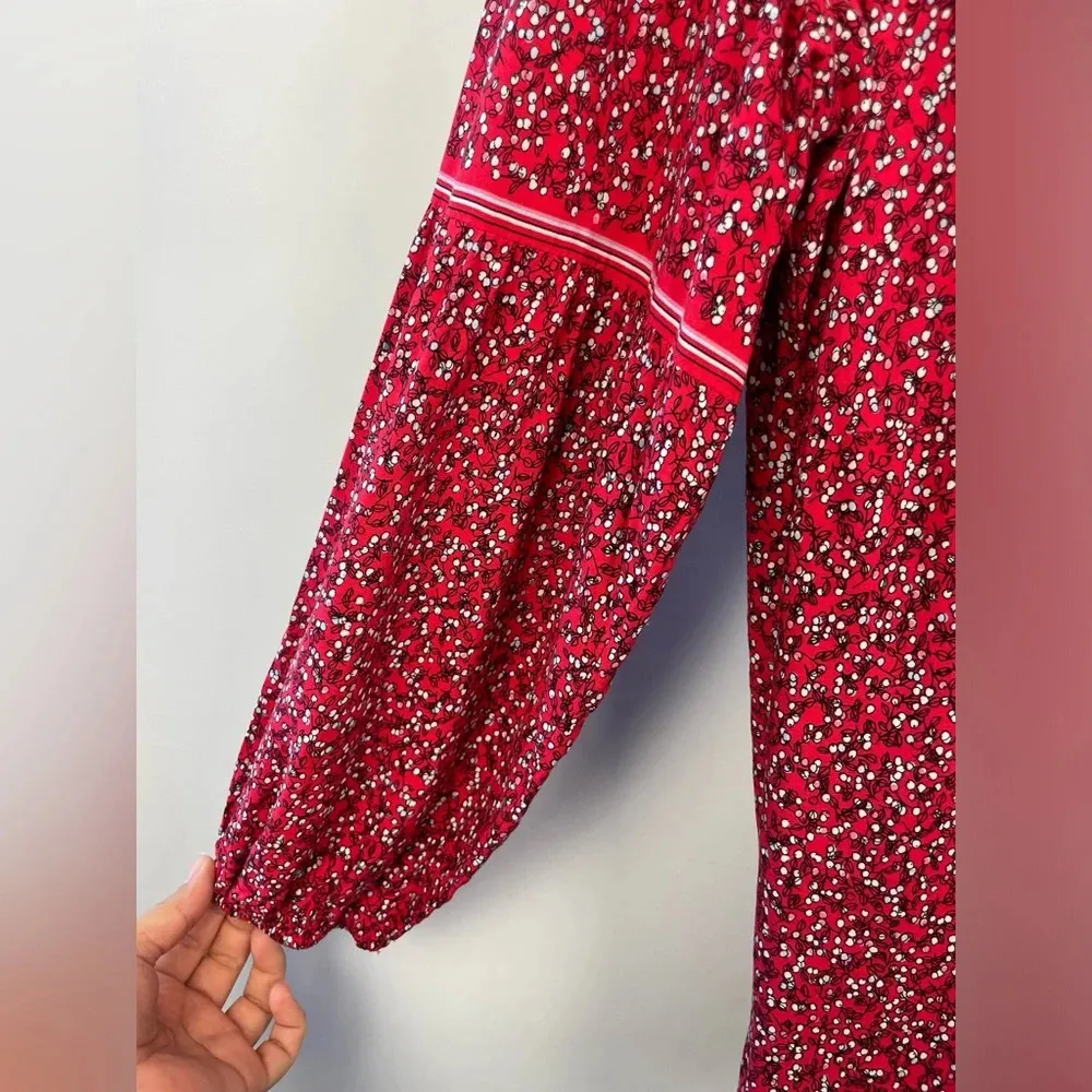 Max Studio Red Ditsy Cherry Print Peasant Style Loose Boho Balloon Sleeve Blouse - Image 2