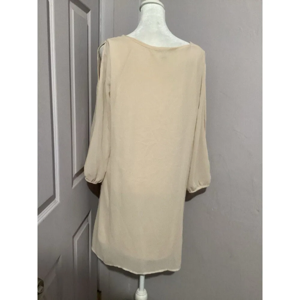 Lulus  Beige Long Sleeve Slit Shift Mini Dress V-Neck Pullover M - Image 6