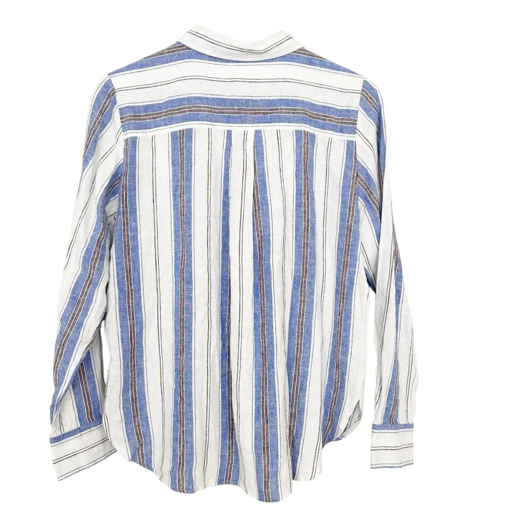 Loft Blue White Striped Linen Blend Long Sleeve Button Down Sz M - Image 5