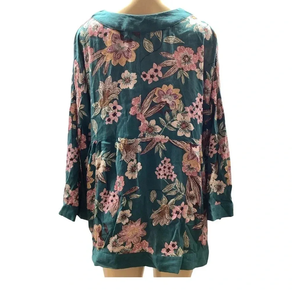 Maurices Teal Blue Floral Bell Sleeve Blouse Size Large New Without Tags - Image 4