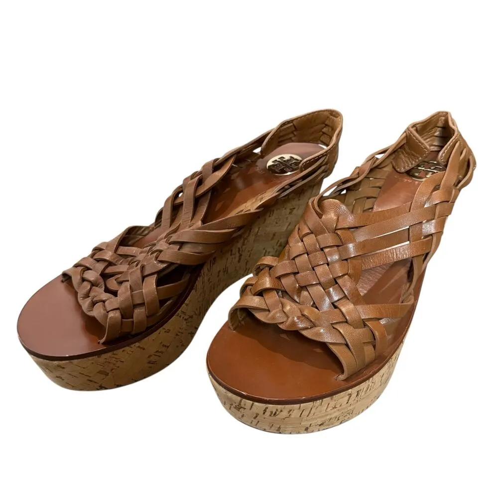 Tory Burch Killian Brown Leather Strappy Woven Cork Platform Wedge Sandals 9.5 - Image 2