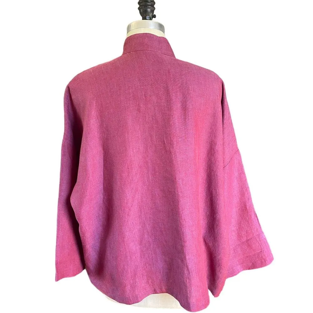 bryn WALKER 100% Linen Magenta Pink Relaxed Fit Standup Collar Blouse Size Small - Image 4