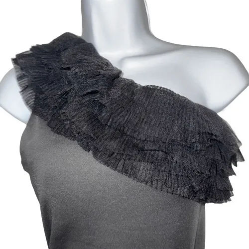 ENDLESS ROSE Elegant Black Tulle Ruffled One Shoulder Bodysuit EUC‎ Medium - Image 3