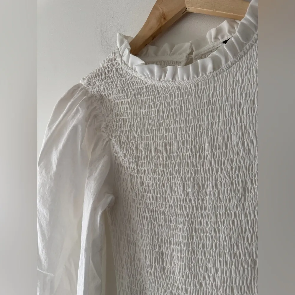 SHEIN White Smocked Puff Long Sleeve White High Neck Top - Image 2