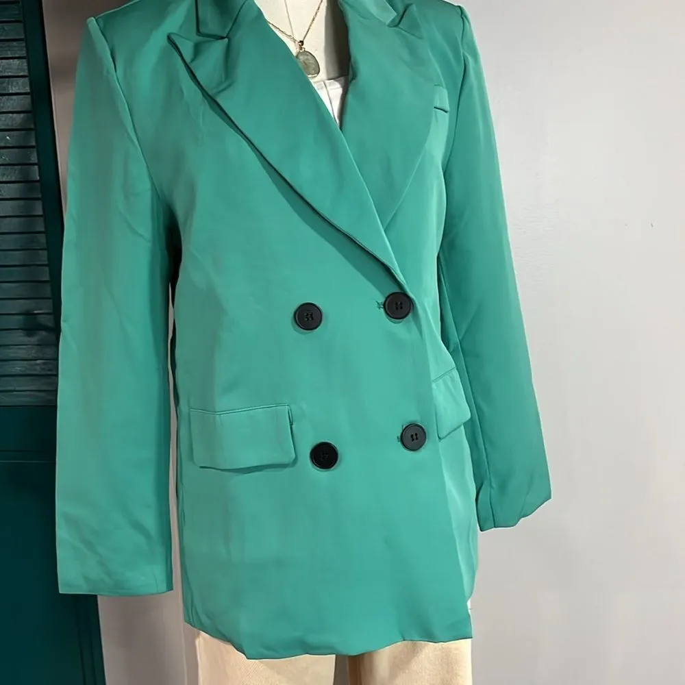 NWT Full Size Collared Neck Long Sleeve Blazer in GREEN - Image 3