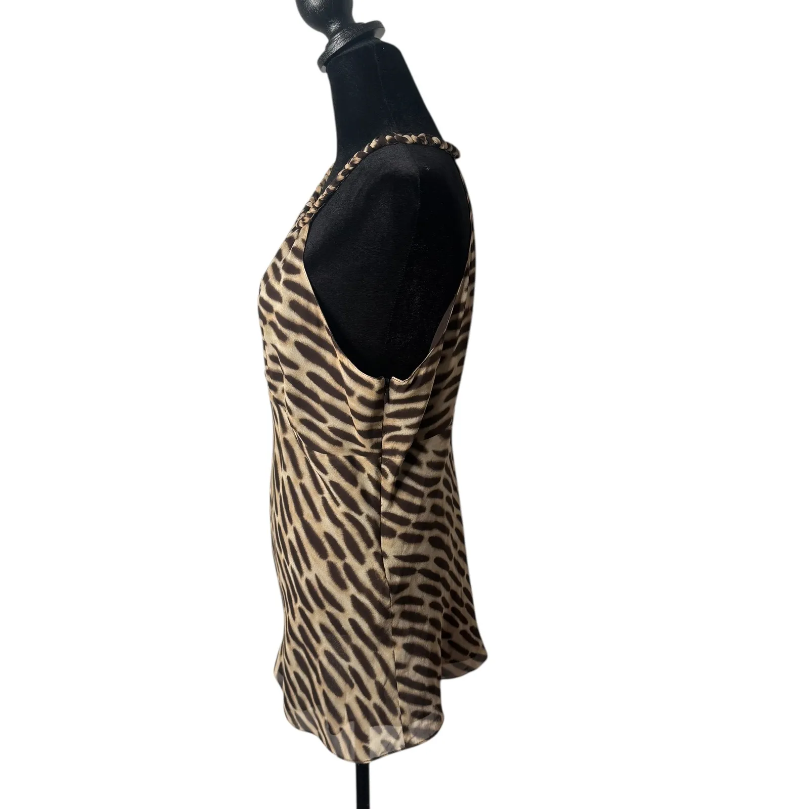 MICHAEL KORS Silk Top Animal Print Braided Neck Brown Size S Mob Wife Statement‎ - Image 6
