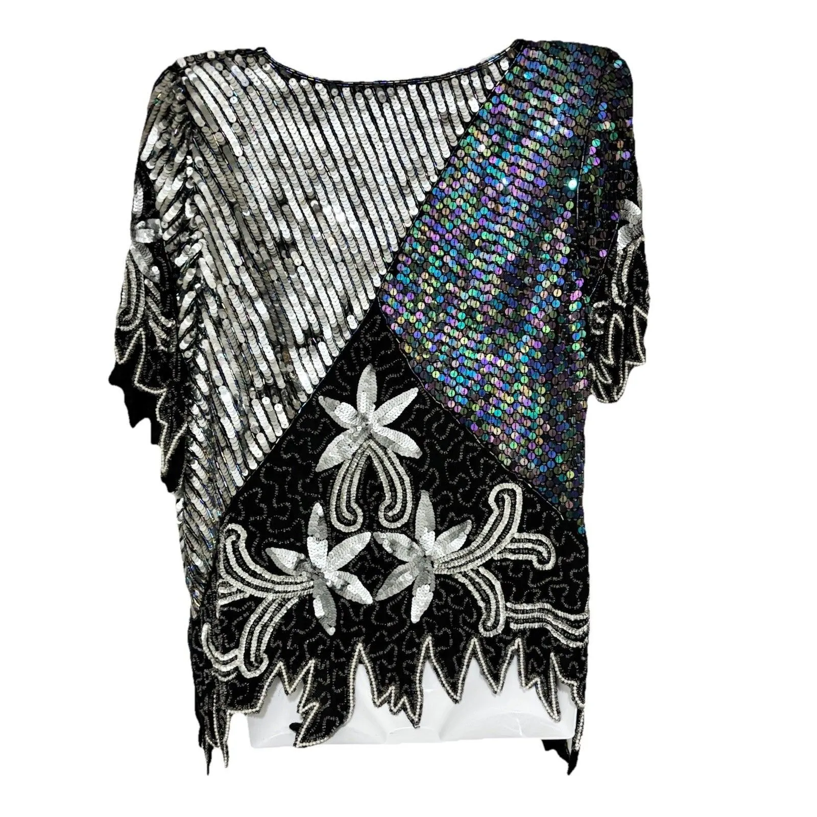 Scala Vtg  Beaded Sequin Top Black Silver Embellished Blouse Size Large - Image 2