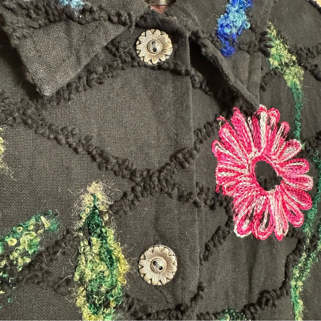 Vintage Roaman's Black Jacket Vibrant Floral Embroidery Yellow Blue Pink Large - Image 15