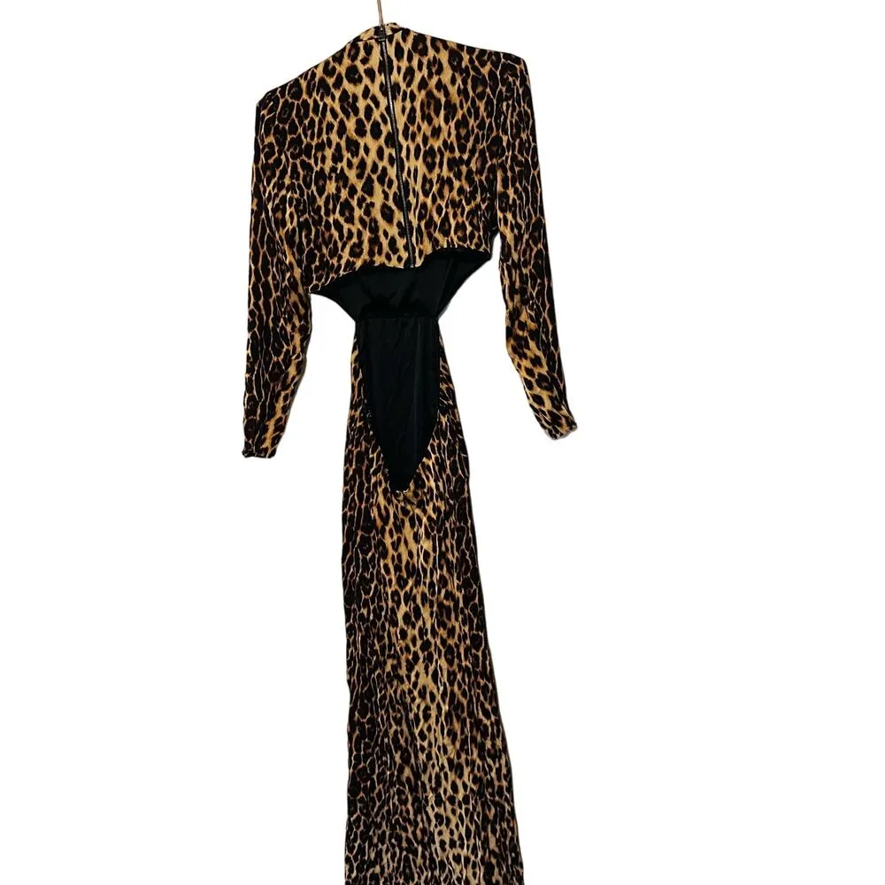 A.L.C. ALC Brown Tan Leopard Gabriela Gown Silk Formal Cut Out Maxi Dress Size 8 - Image 5
