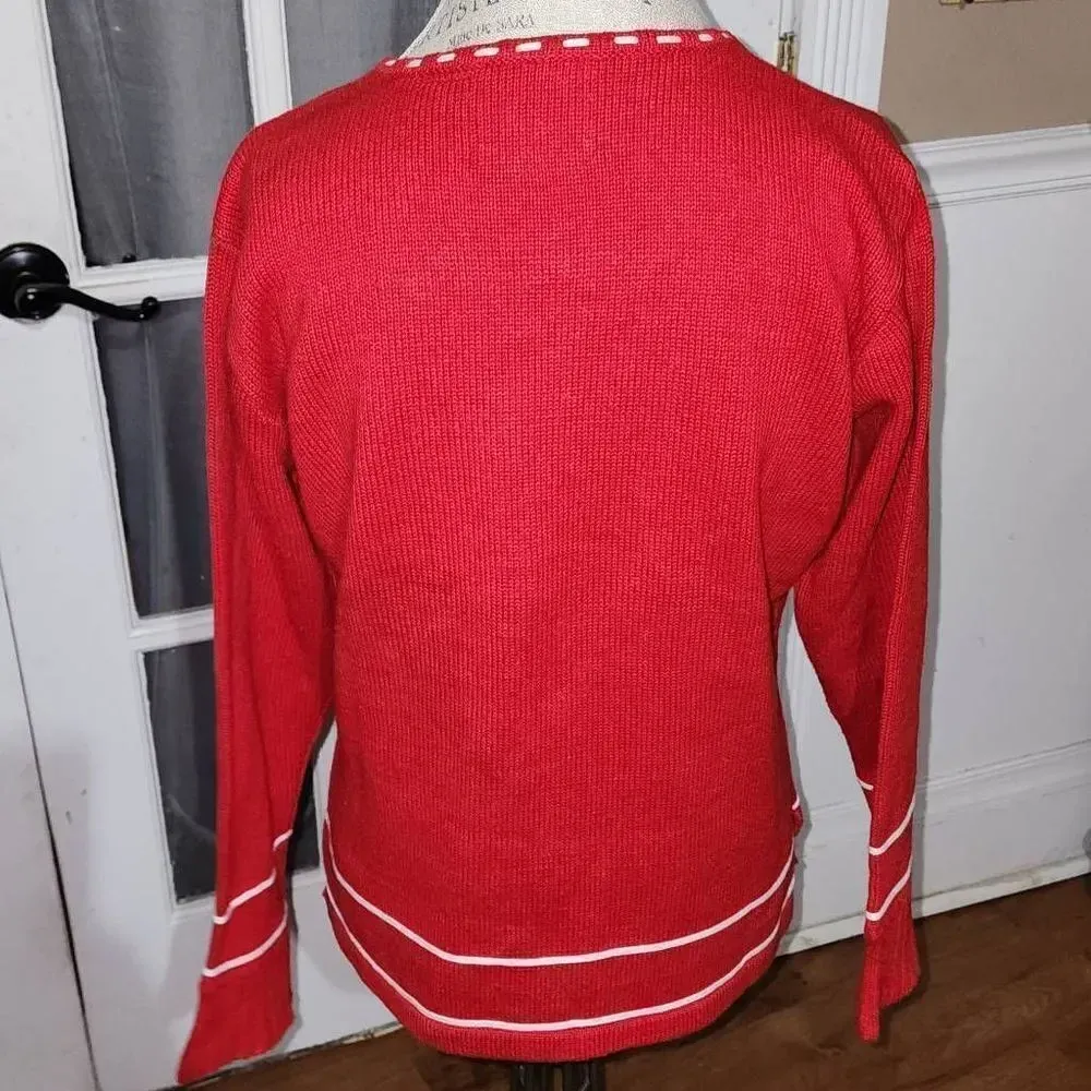 Storybook Knits Womens Red White‎ Nantucket Shore Full Zip Cardigan Sweater Med Red - Image 2