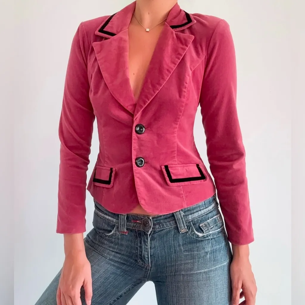 Y2K Vintage Xhilaration Womens Velvet Blazer Size M Velvet Trim Academia Preppy Pink Size M - Image 2