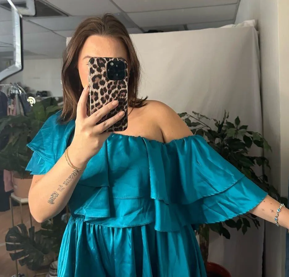 Boohoo Satin One Shoulder Extreme Ruffle Romper in Teal Size 6 - Image 4