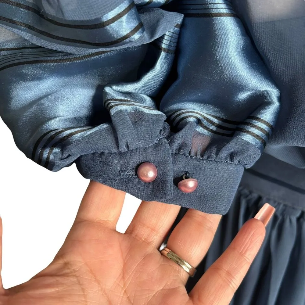 Vintage Blue Sheer Midi Dress Sz Small Metallic Striped Puff Sleeves Belted - Image 11