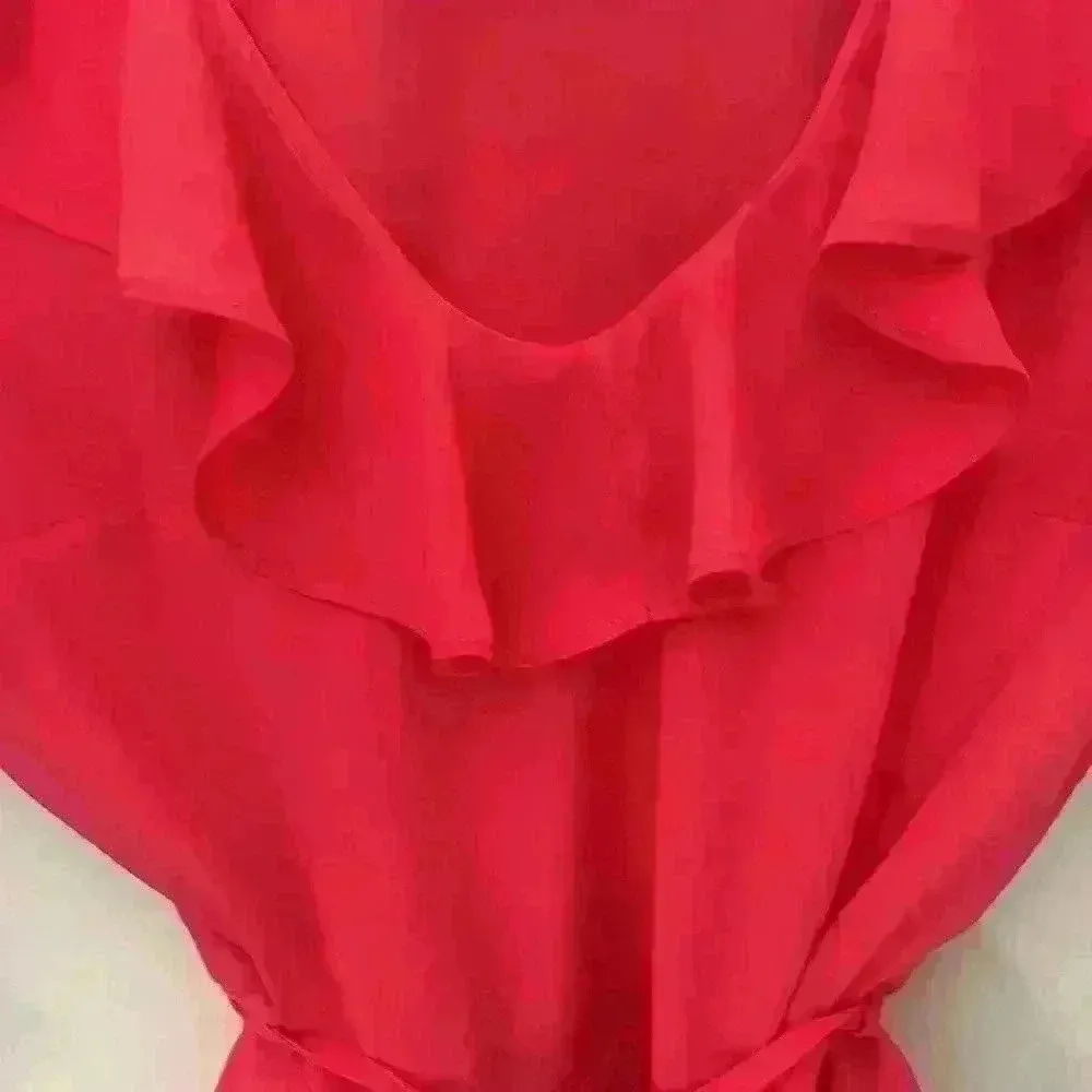 TOPSHOP Peplum Ruffle Blouse Hot Pink Crepe Top 3/4 Bell Sleeve Belt Size 4 - Image 6