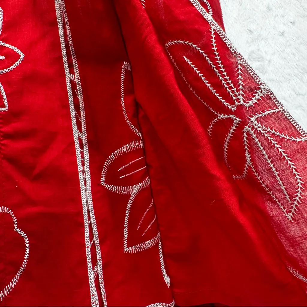 Vintage Coldwater Creek Red Pleated Embroidered Floral Skirt Knee Length Cotton - Image 4