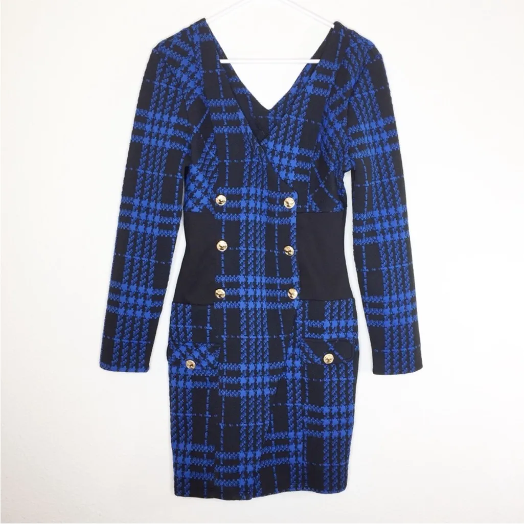 Venus Black and Blue Plaid Mini Dress Gold Buttons Military Preppy size Medium - Image 5