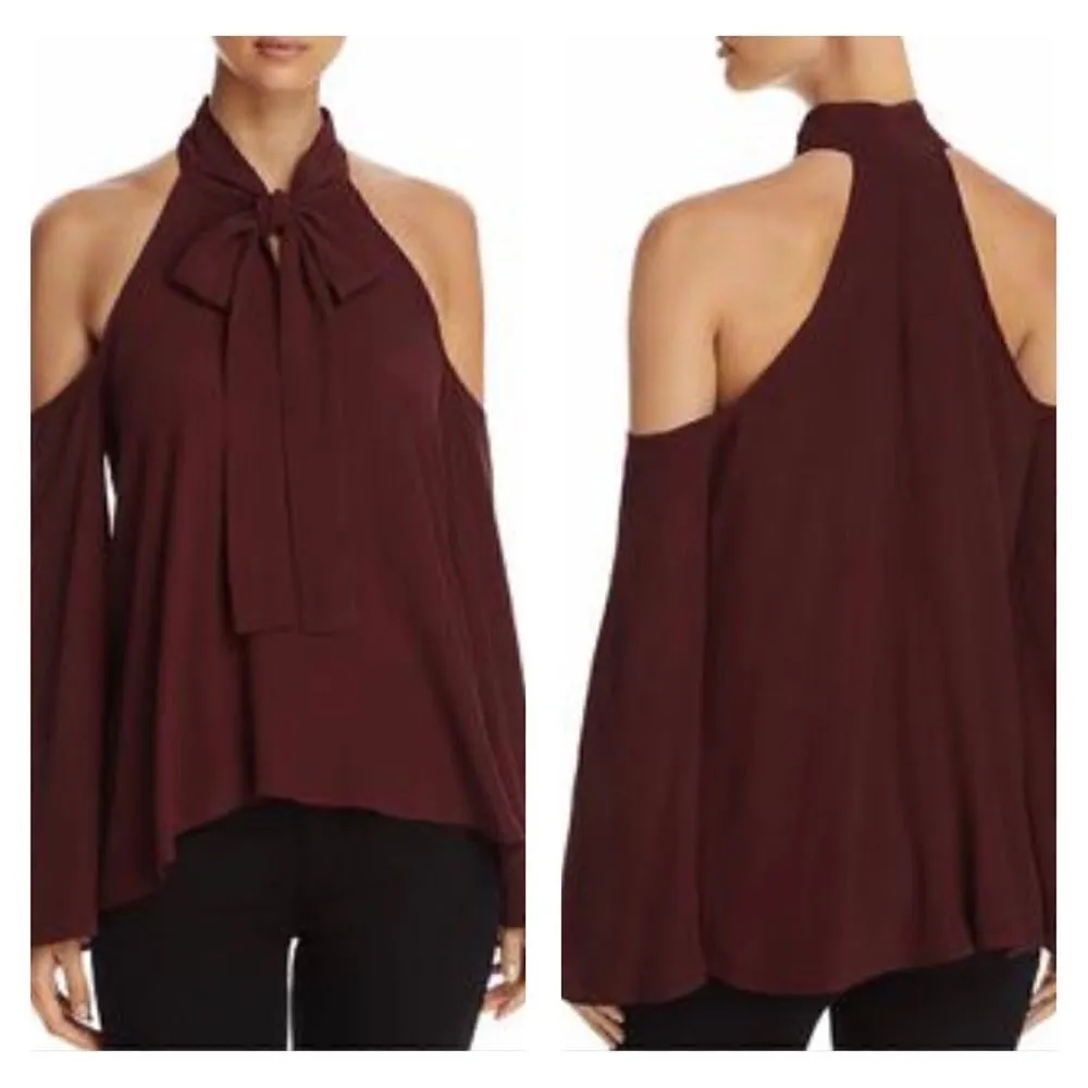 Elan olive green cold shoulder high low long sleeve blouse M - Image 3