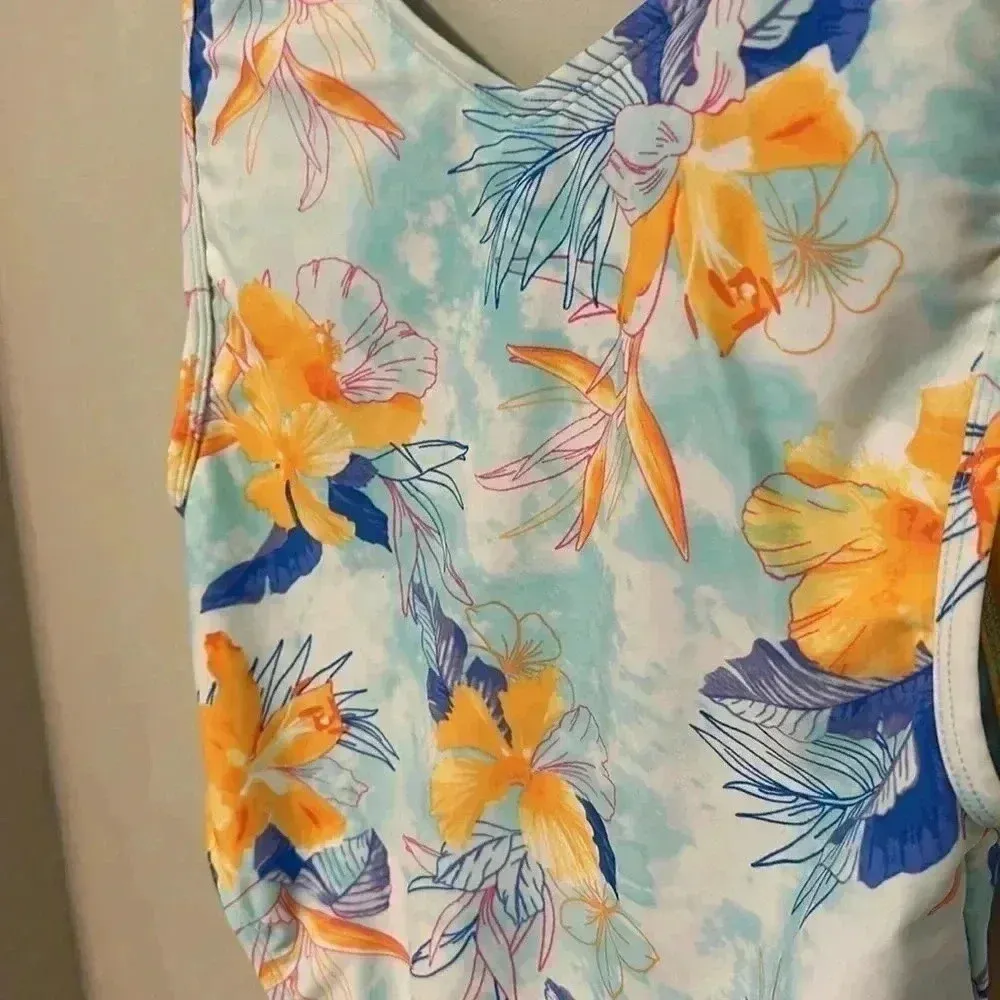 XHILARATION TROPICAL SCOOP BACK HIGH HIP ONE PIECE FLORAL SWIMSUIT, BLUE… - Image 11