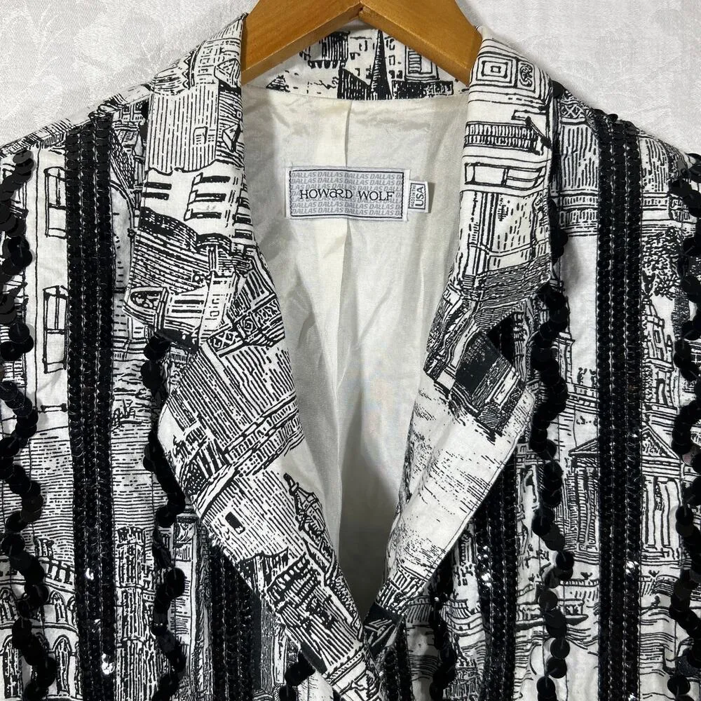 Howard Wolf Vintage Blazer 16 Black White City Scape Sequins Art to Wear Lined - Image 7