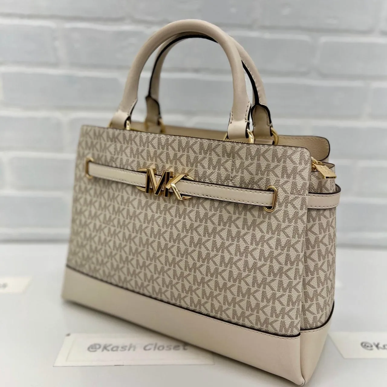 Michael Kors Light Cream Multi Reed Large Belted Satchel Purse - Image 3