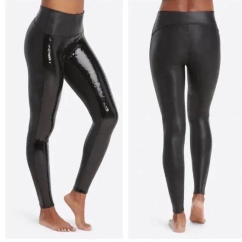 SPANX Sequin Faux Leather Leggings small New Years Eve Sparkle Celebrate Party - Image 5