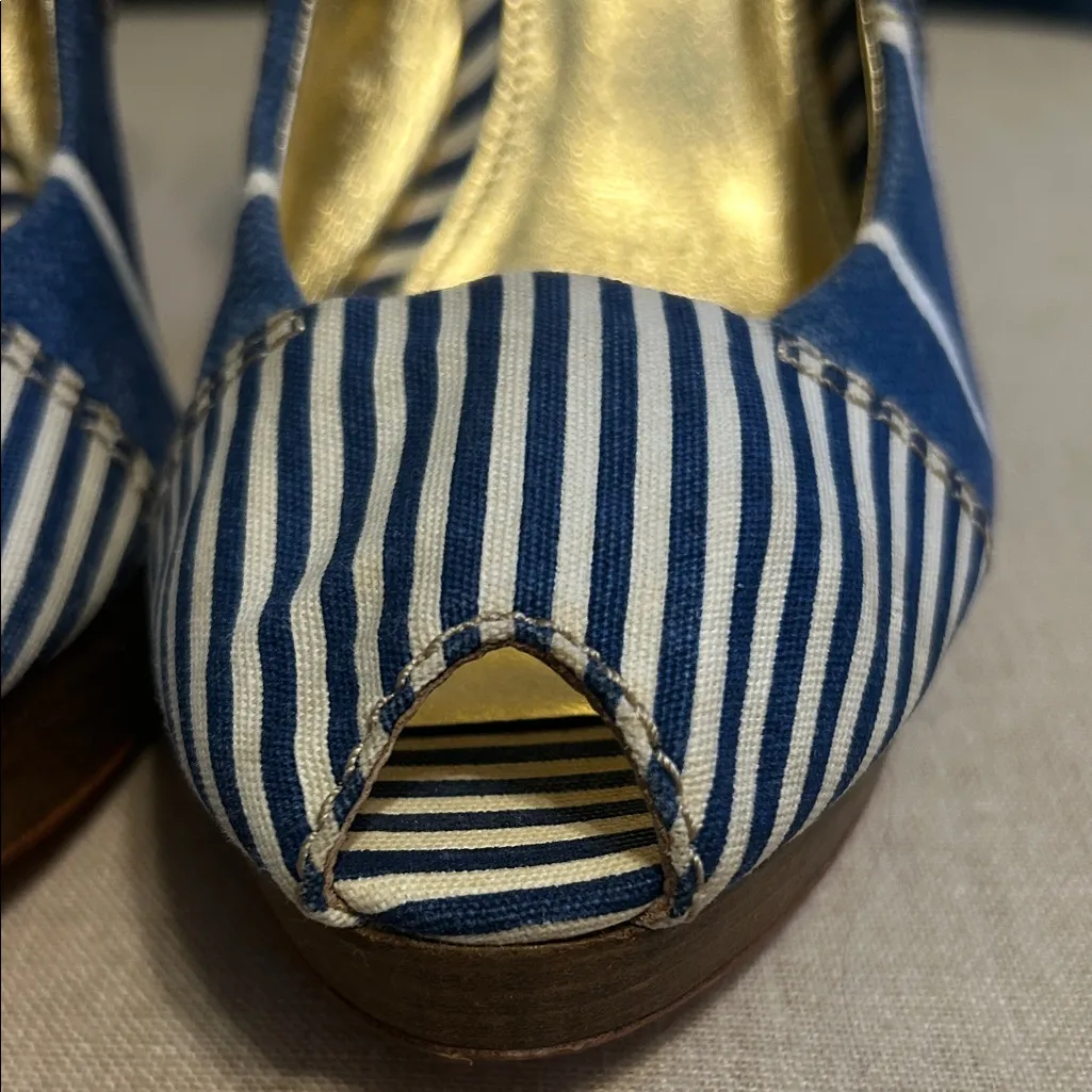 Coach Peep-Toe Navy Striped Slingback Heels, Size 9B - Image 3