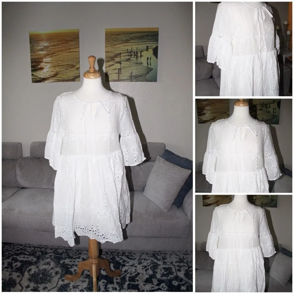 ✨Fluted Sleeve Eyelet Embroidered Smock Dress✨ White Size M - Image 7