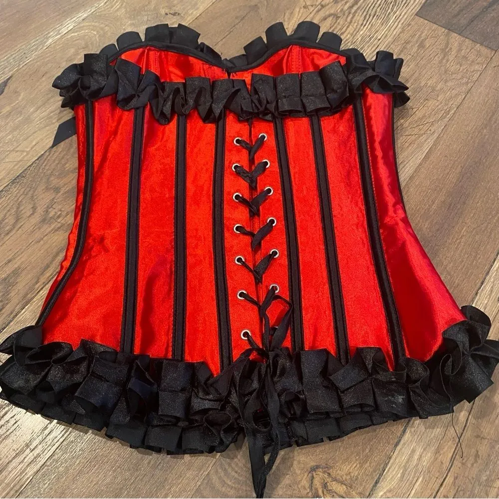 None Ruby Red Steel Bonded Satin Ribbon Overbust Ruffle Waist Trainer Corset … - Image 11