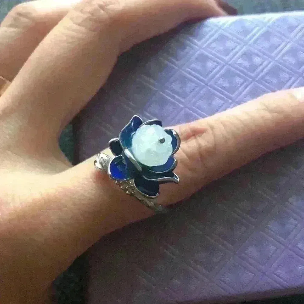 Natural Jade Glaze Lotus Classical Beauty Ring Blue - Image 5