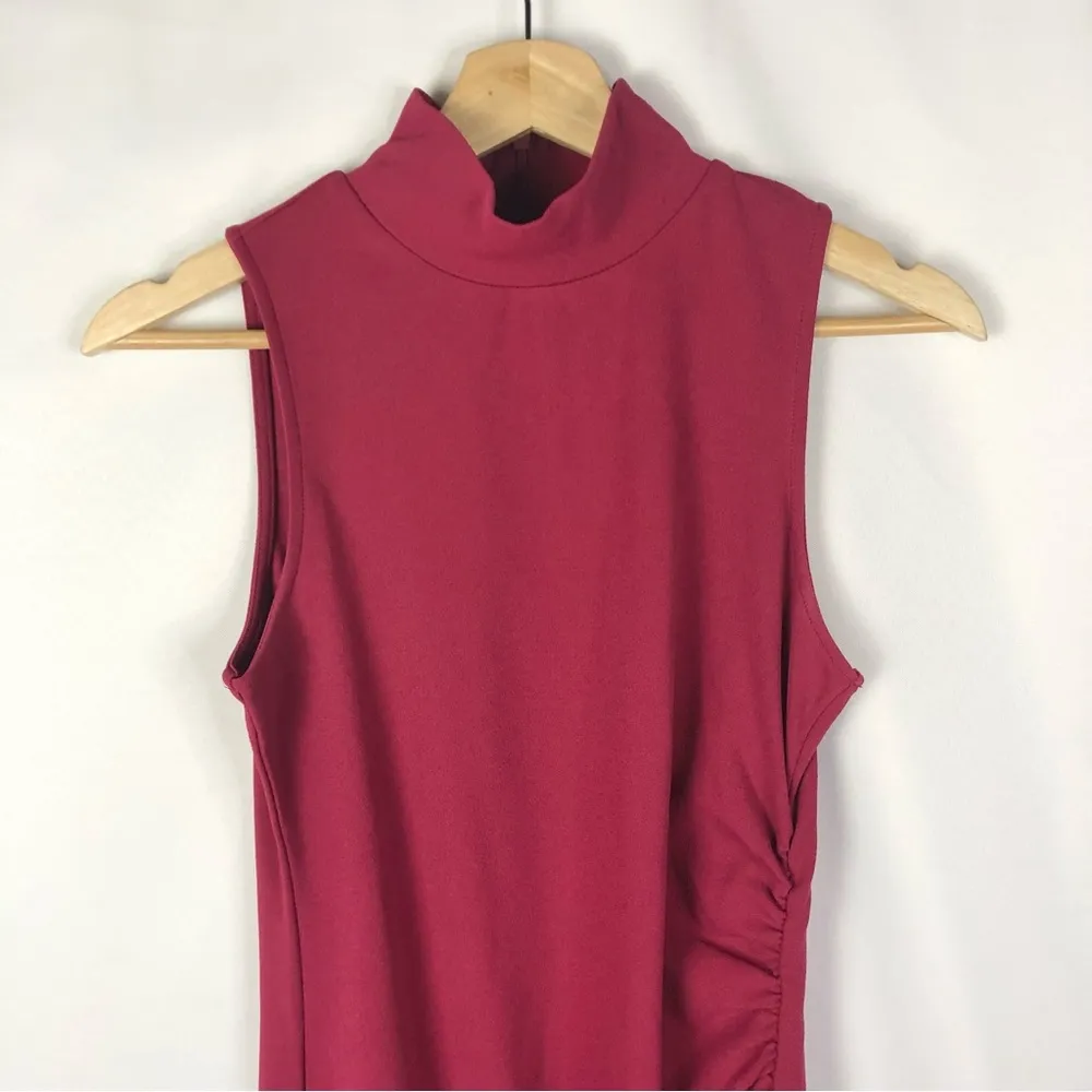 Chelsea28 Red Mock Neck Sheath Ruched Side Midi Dress XS - Image 3