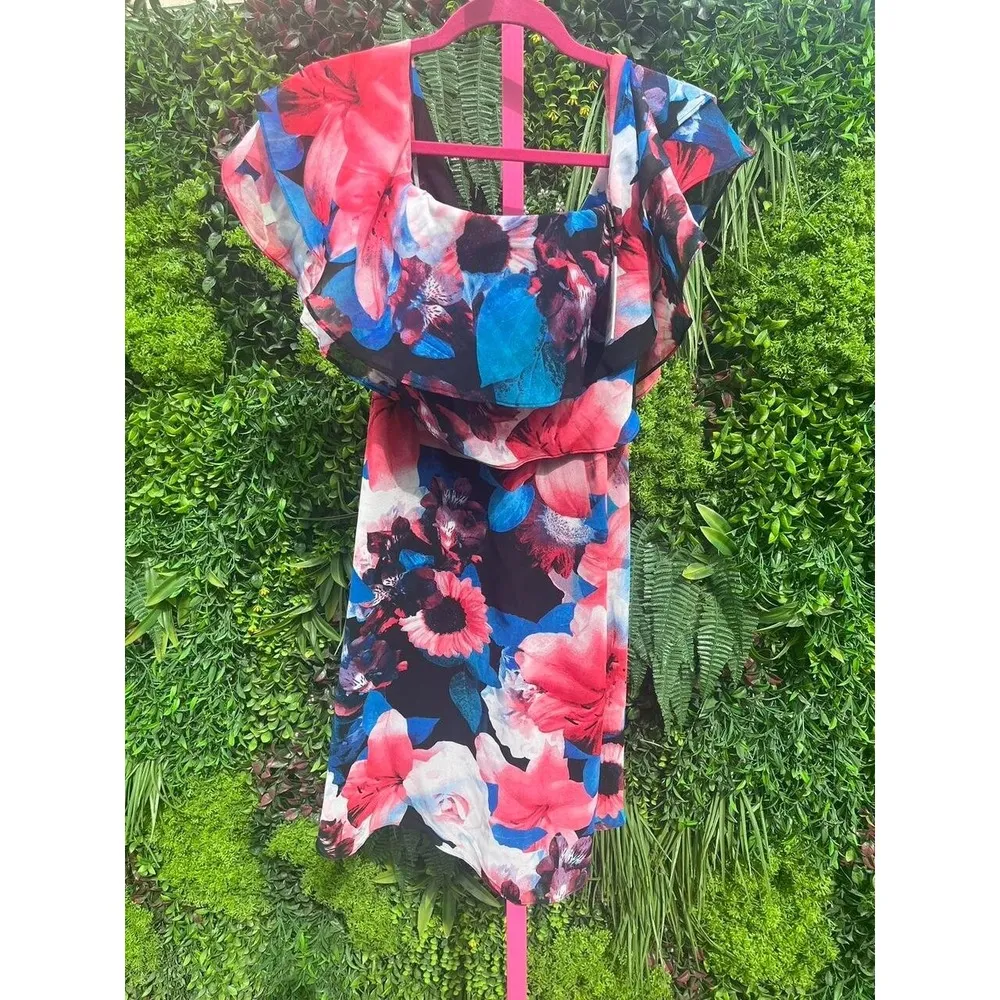 Calvin Klein Womens Off-The-Shoulder Multicolor Floral Flounce Size 6 Dress NEW - Image 4