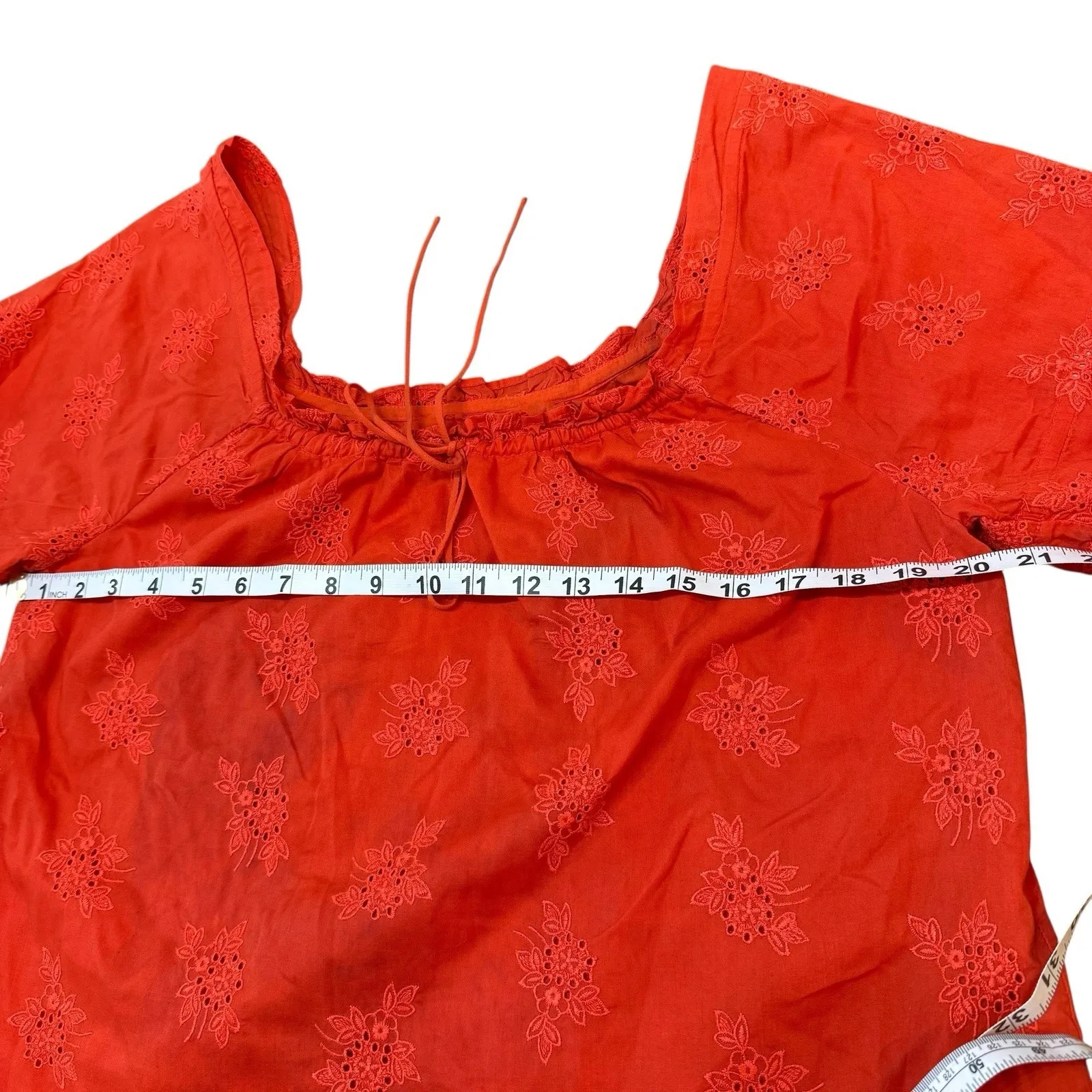 J. Crew Brilliant Orange Floral‎ Embroidered Eyelet Ruffle Peasant Top Medium Size 8 - Image 7