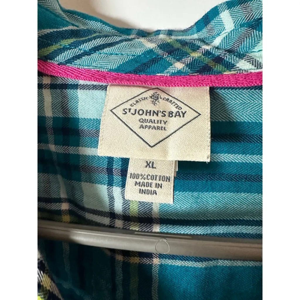 St. John's Bay Teal Plaid Button Down Shirt XL - Image 3