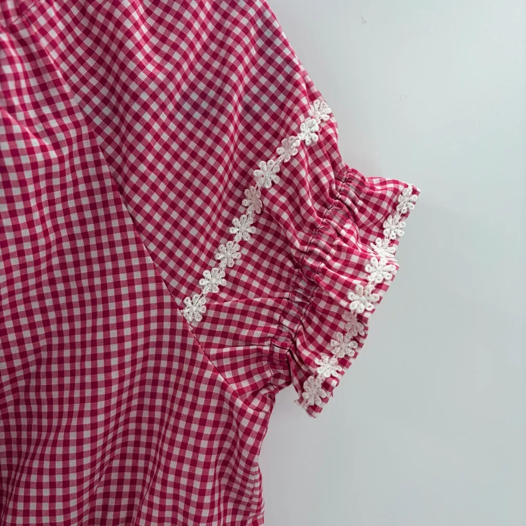 Y2K 2000s Red Gingham Ruffle Cottagecore Babydoll Top Coquette Farmcore medium Pink - Image 10