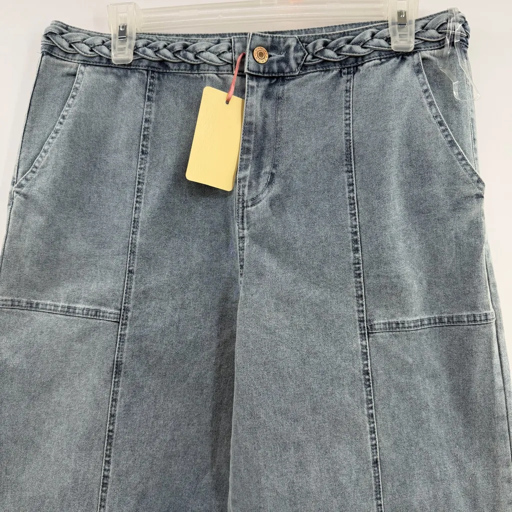 Entro braided rope waist wide leg jeans size L NWT denim pants light blue - Image 2